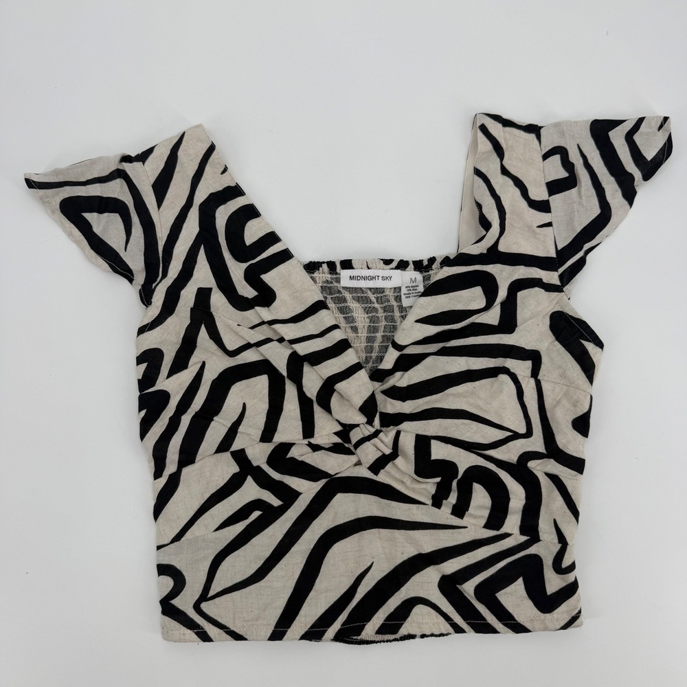 Pepper Mayo Midnight Sky Crop Top Black Cream Geometric Twist Front Smocked M